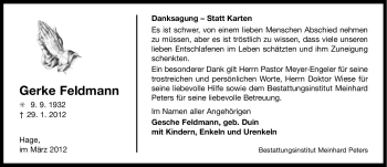 Traueranzeige von Gerke Feldmann von Ostfriesischer Kurier