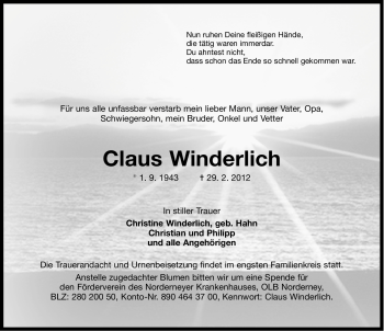 Traueranzeige von Claus Winderlich von Ostfriesischer Kurier