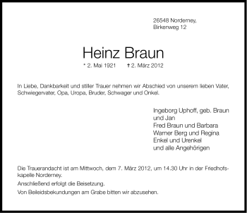 Traueranzeige von Heinz Braun von Ostfriesischer Kurier