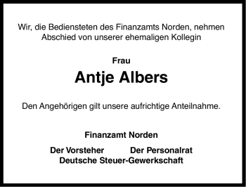 Traueranzeige von Antje Albers von Ostfriesischer Kurier