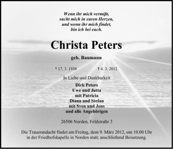 Traueranzeige von Christa Peters von Ostfriesischer Kurier