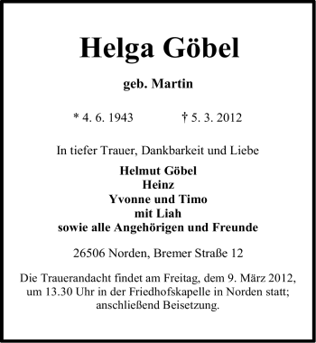 Traueranzeige von Helga GÃ¶bel von Ostfriesischer Kurier