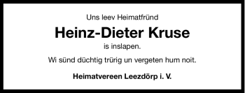 Traueranzeige von Heinz-Dieter Kruse von Ostfriesischer Kurier