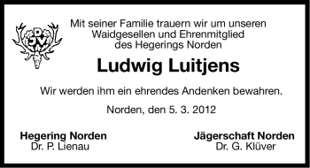 Traueranzeige von Ludwig Luitjens von Ostfriesischer Kurier
