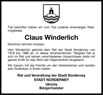 Traueranzeige von Claus Winderlich von Ostfriesischer Kurier