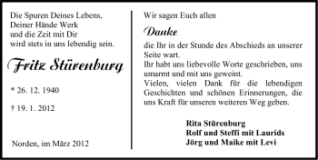Traueranzeige von Fritz Stürenburg von Ostfriesischer Kurier