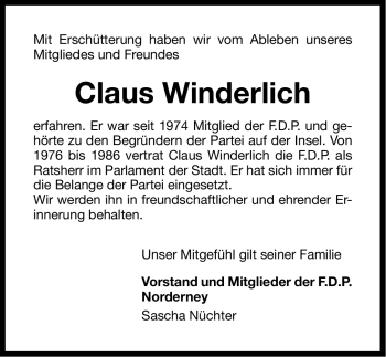 Traueranzeige von Claus Winderlich von Ostfriesischer Kurier