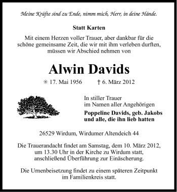 Traueranzeige von Alwin Davids von Ostfriesischer Kurier