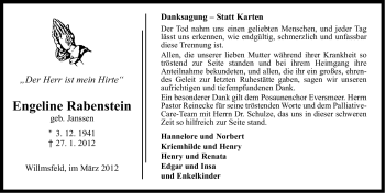 Traueranzeige von Engeline Rabenstein von Ostfriesischer Kurier