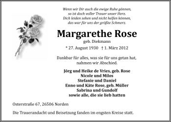 Traueranzeige von Margarethe Rose von Ostfriesischer Kurier