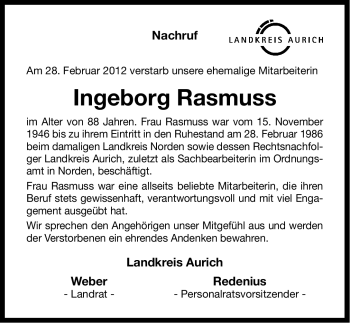 Traueranzeige von Ingeborg Rasmuss von Ostfriesischer Kurier