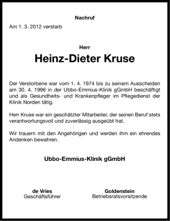 Traueranzeige von Heinz-Dieter Kruse von Ostfriesischer Kurier