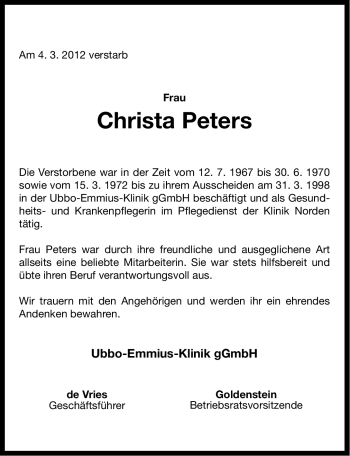 Traueranzeige von Christa Peters von Ostfriesischer Kurier