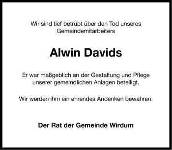 Traueranzeige von Alwin Davids von Ostfriesischer Kurier