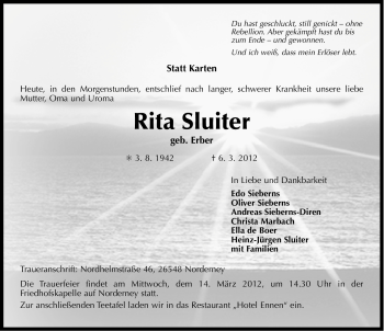 Traueranzeige von Rita Sluiter von Ostfriesischer Kurier