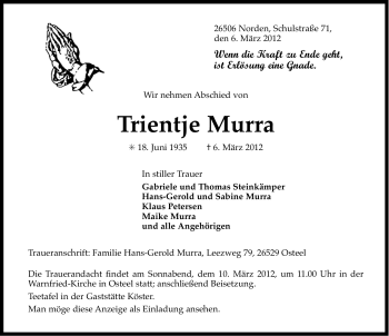 Traueranzeige von Trientje Murra von Ostfriesischer Kurier