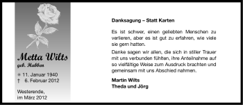 Traueranzeige von Metta Wilts von Ostfriesischer Kurier