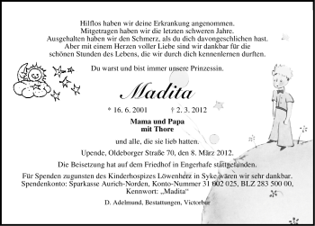Traueranzeige von Madita (keine Angabe) von Ostfriesischer Kurier