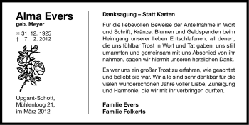 Traueranzeige von Alma Evers von Ostfriesischer Kurier