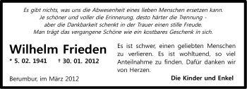 Traueranzeige von Wilhelm Frieden von Ostfriesischer Kurier