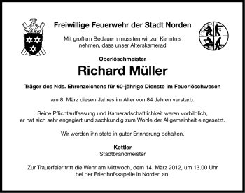 Traueranzeige von Richard Müller von Ostfriesischer Kurier