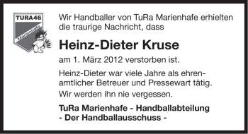 Traueranzeige von Heinz-Dieter Kruse von Ostfriesischer Kurier