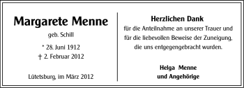 Traueranzeige von Margarete Menne von Ostfriesischer Kurier