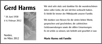 Traueranzeige von Gerd Harms von Ostfriesischer Kurier