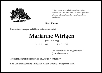 Traueranzeige von Marianne Wirtgen von Ostfriesischer Kurier