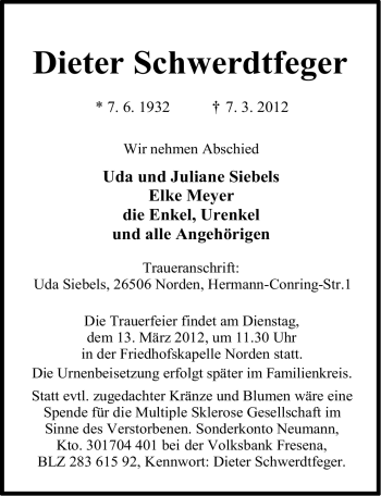 Traueranzeige von Dieter Schwerdtfeger von Ostfriesischer Kurier