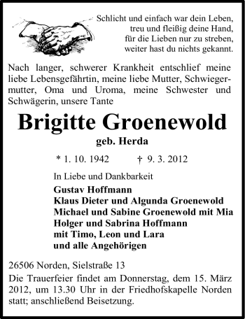 Traueranzeige von Brigitte Groenewold von Ostfriesischer Kurier