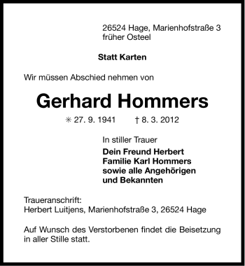 Traueranzeige von Gerhard Hommers von Ostfriesischer Kurier