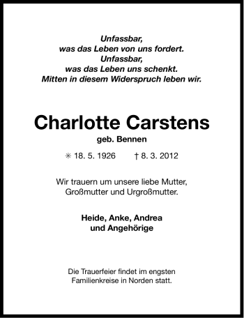 Traueranzeige von Charlotte Carstens von Ostfriesischer Kurier