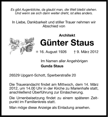 Traueranzeige von Günter Staus von Ostfriesischer Kurier