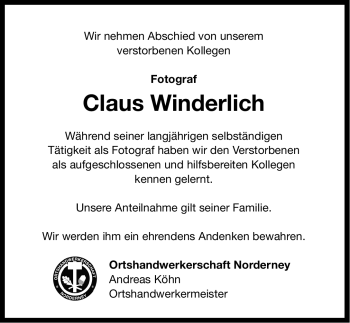 Traueranzeige von Claus Winderlich von Ostfriesischer Kurier