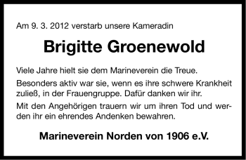 Traueranzeige von Brigitte Groenewold von Ostfriesischer Kurier