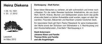 Traueranzeige von Heinz Diekena von Ostfriesischer Kurier