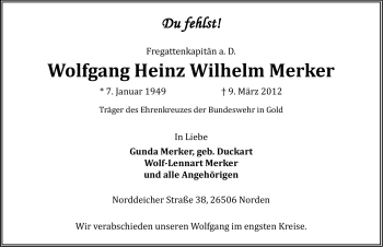Traueranzeige von Wolfgang Heinz Wilhelm Merker von Ostfriesischer Kurier