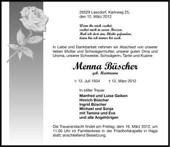 Traueranzeige von Menna Büscher von Ostfriesischer Kurier