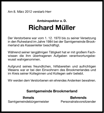 Traueranzeige von Richard Müller von Ostfriesischer Kurier