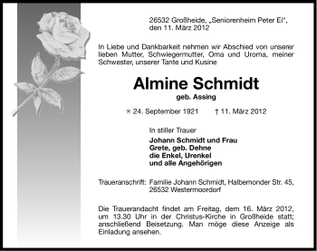Traueranzeige von Almine Schmidt von Ostfriesischer Kurier