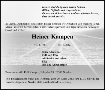 Traueranzeige von Heiner Kampen von Ostfriesischer Kurier