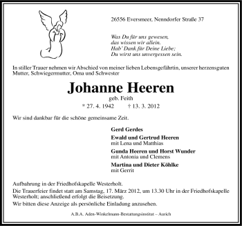 Traueranzeige von Johanne Heeren von Ostfriesischer Kurier