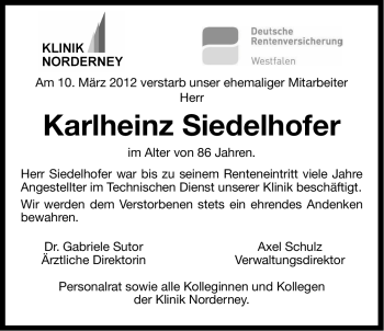 Traueranzeige von Karlheinz Siedelhofer von Ostfriesischer Kurier