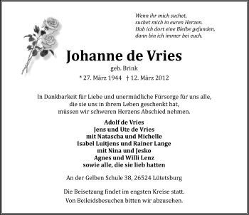 Traueranzeige von Johanne de Vries von Ostfriesischer Kurier