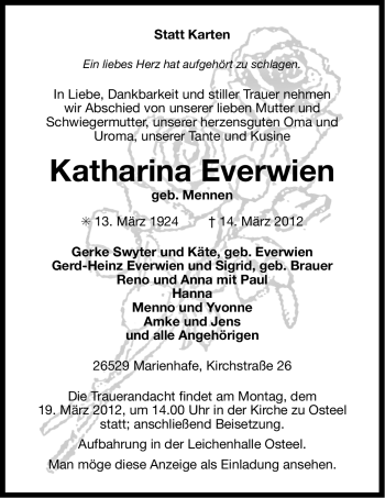Traueranzeige von Katharina Everwien von Ostfriesischer Kurier