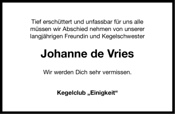 Traueranzeige von Johanne de Vries von Ostfriesischer Kurier