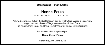 Traueranzeige von Hanna Pauls von Ostfriesischer Kurier
