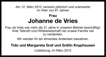 Traueranzeige von Johanne de Vries von Ostfriesischer Kurier