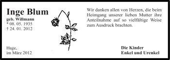 Traueranzeige von Inge Blum von Ostfriesischer Kurier